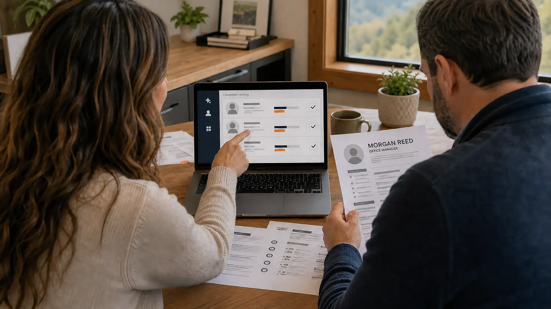 Two people at a laptop reviewing an AI candidate-ranking screen next to printed resumes for an open office manager role.