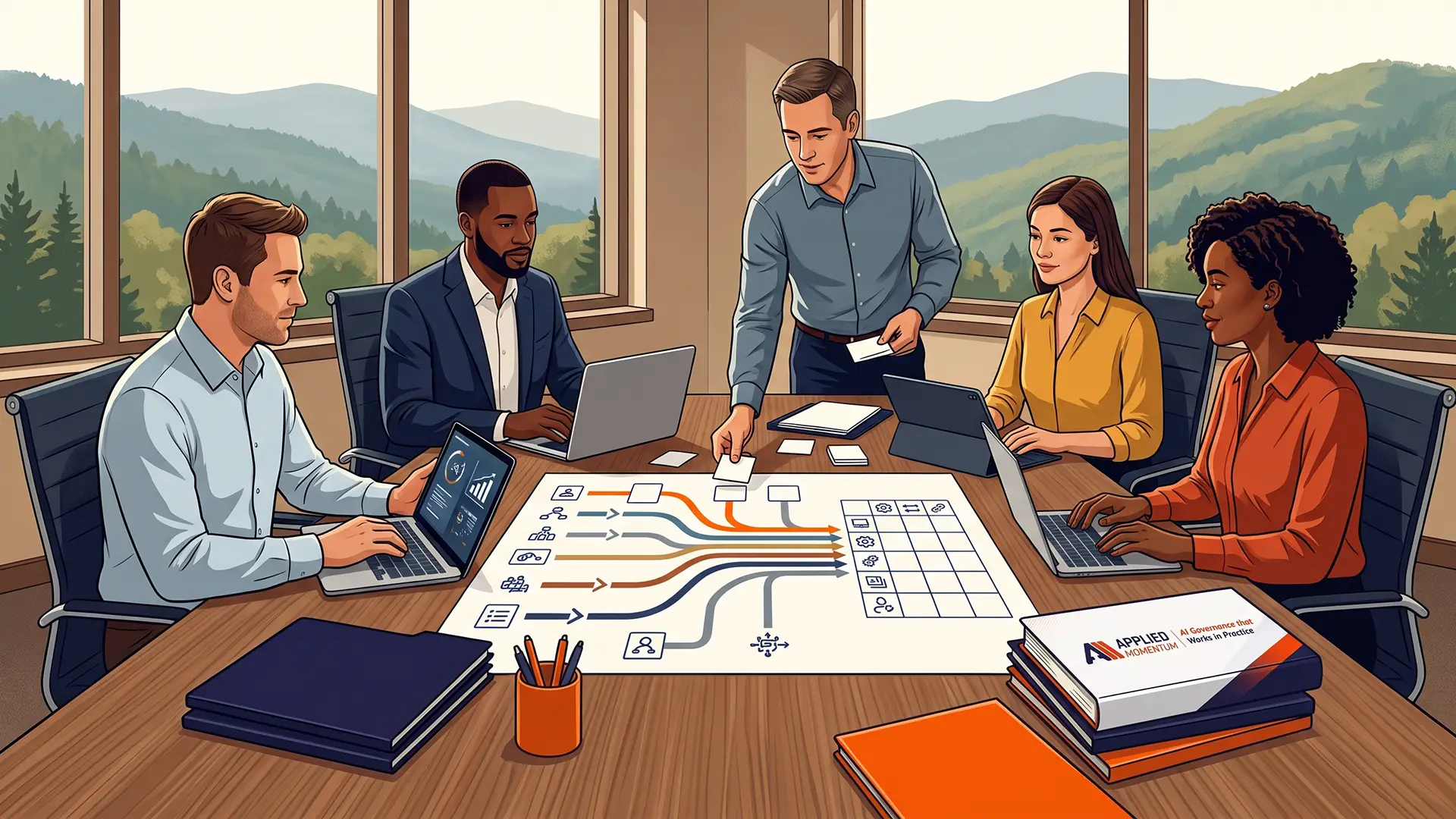 Five colleagues around a conference table with laptops and tablets, mapping an AI tool inventory on a printed workflow diagram with a mountain view behind them.