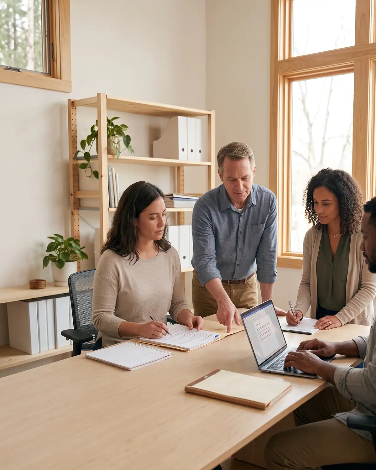 Four coworkers gathered around a table in a bright office, reviewing documents and collaborating on a laptop together. AI-generated image.